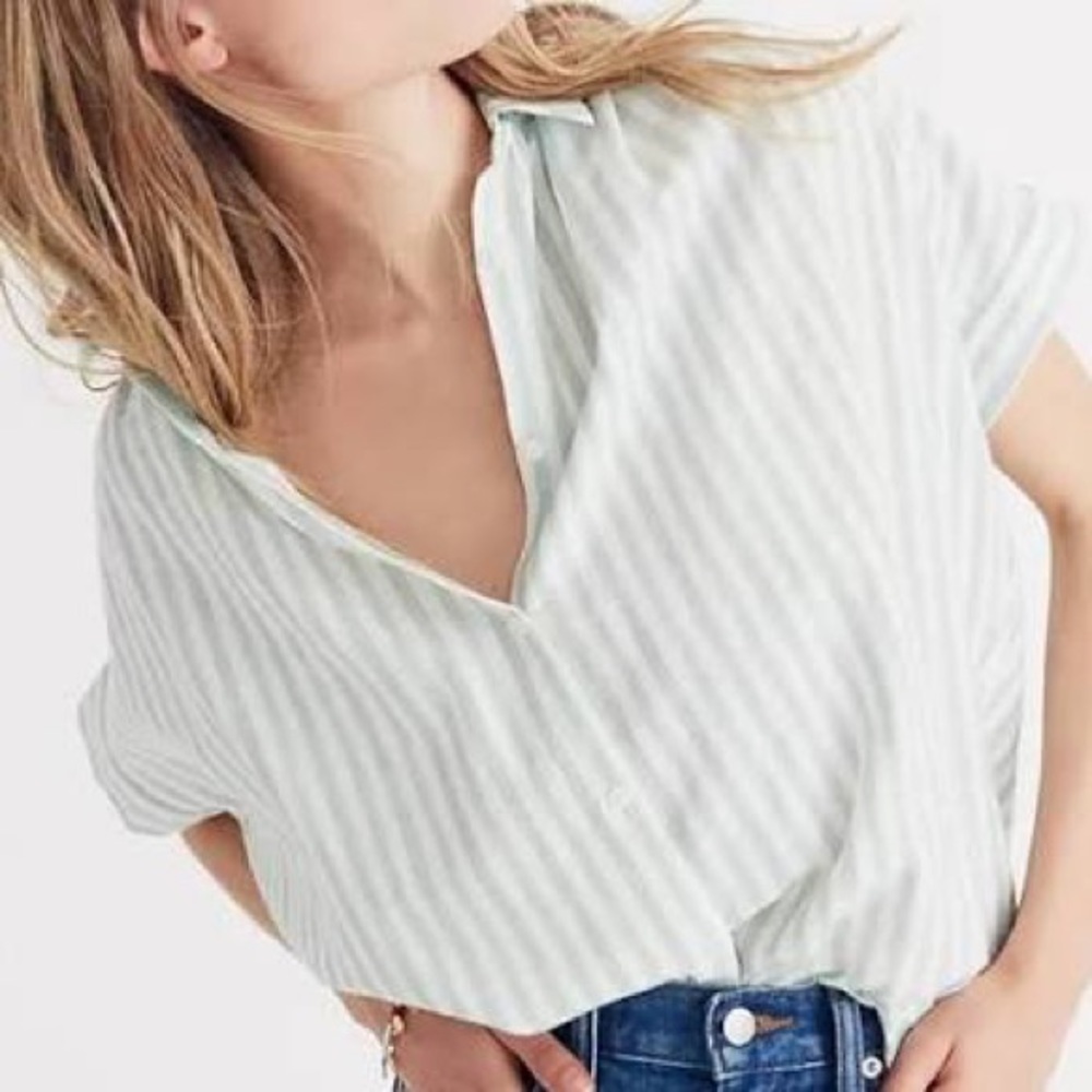 [Madewell] Green/White Striped Blouse - Size Small